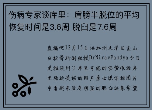 伤病专家谈库里：肩膀半脱位的平均恢复时间是3.6周 脱臼是7.6周