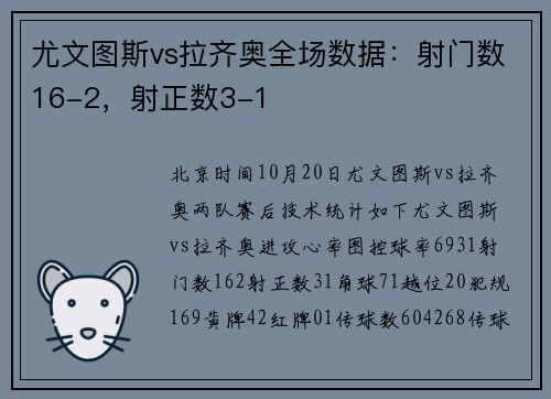 尤文图斯vs拉齐奥全场数据：射门数16-2，射正数3-1